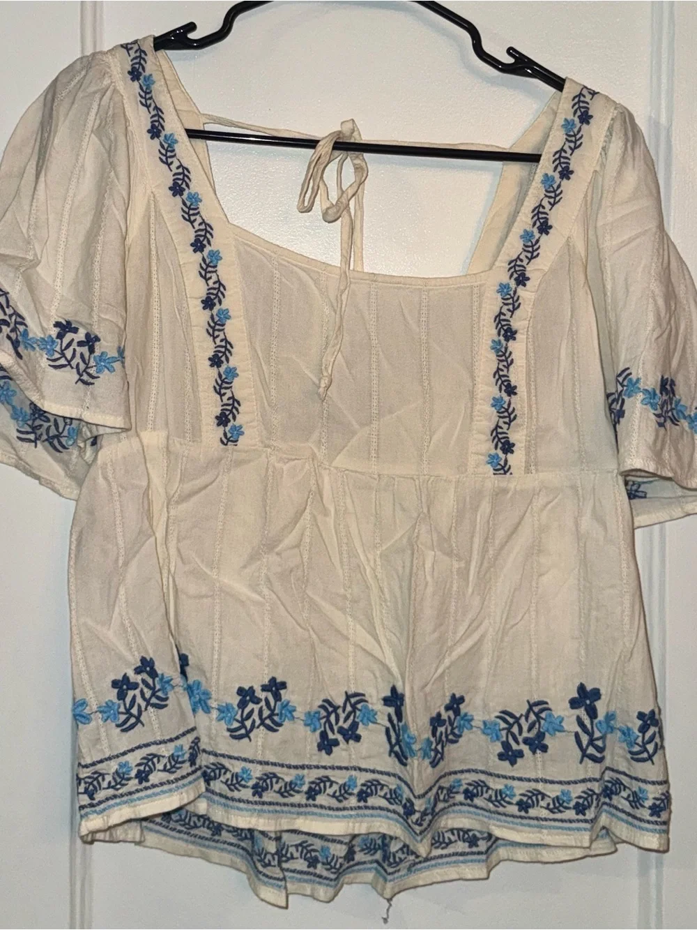 Old Navy Cream Peasant Blouse with Blue Embroidery